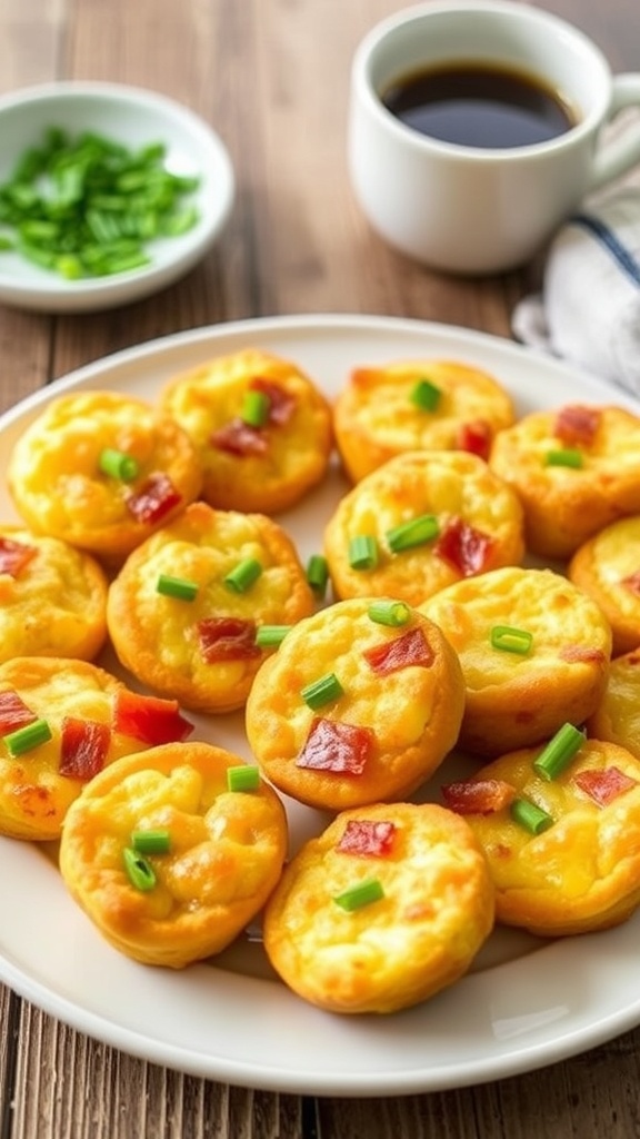 A plate of golden bacon gouda egg bites garnished with chives on a rustic wooden table.